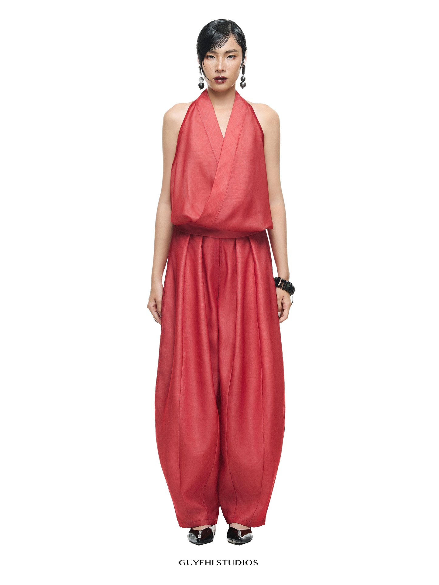 AKANE RED HALTER DRAPED TOP