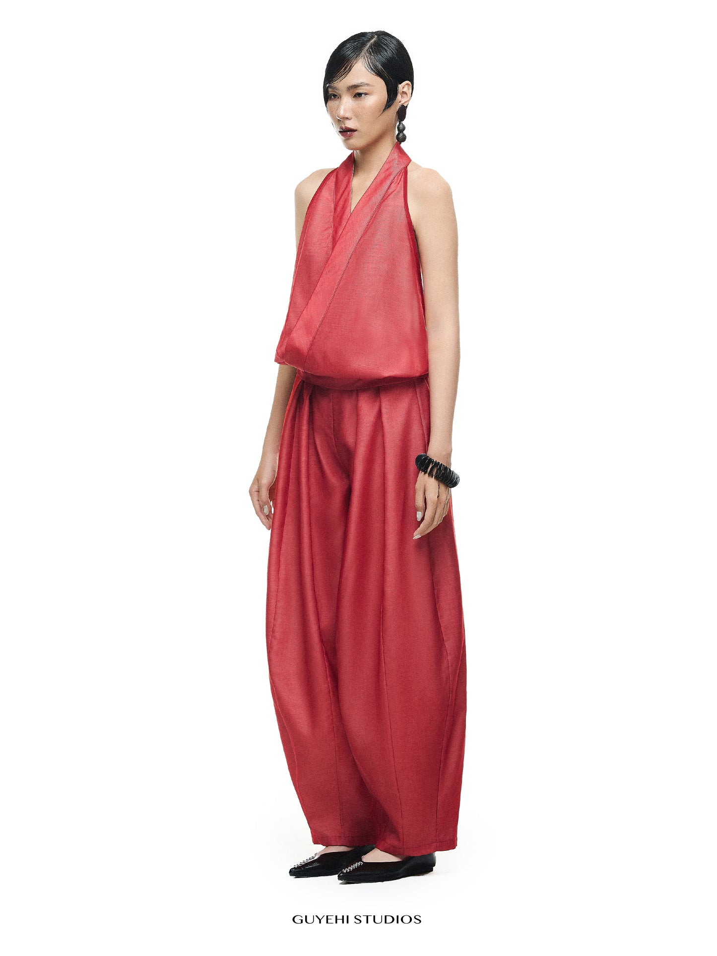 AKANE RED HALTER DRAPED TOP