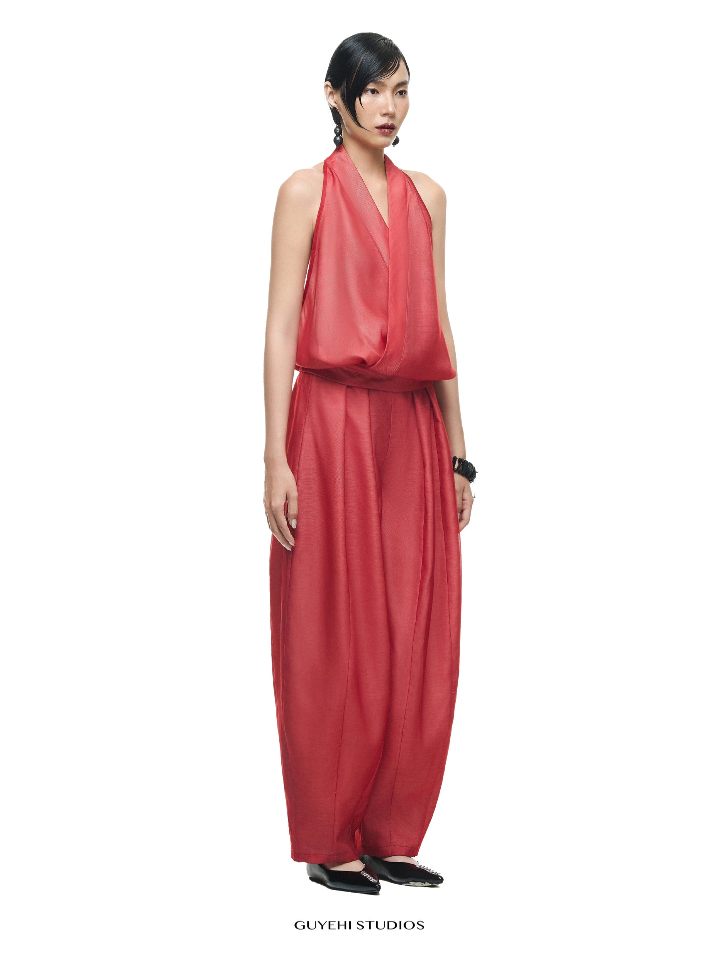 AKANE RED HALTER DRAPED TOP