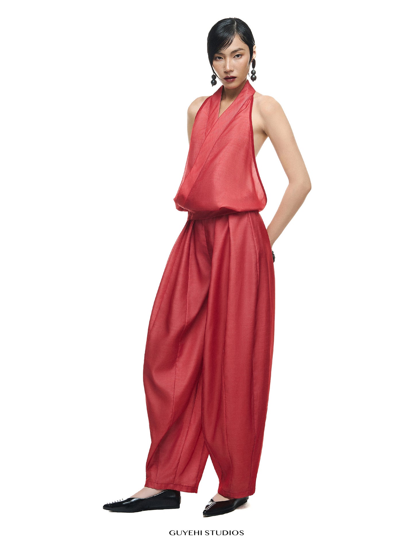 AKANE RED HALTER DRAPED TOP