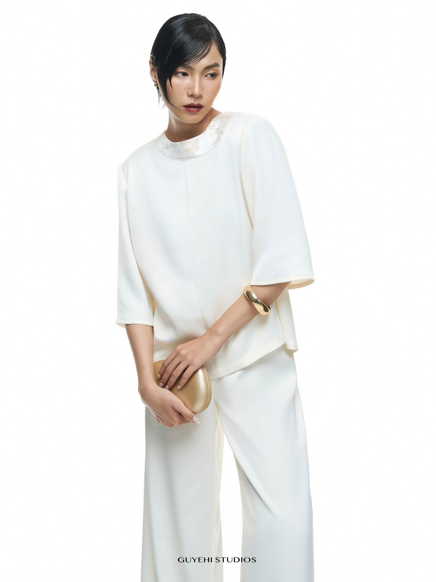 NAO IVORY WIDE-LEG EMBROIDERED PANTS