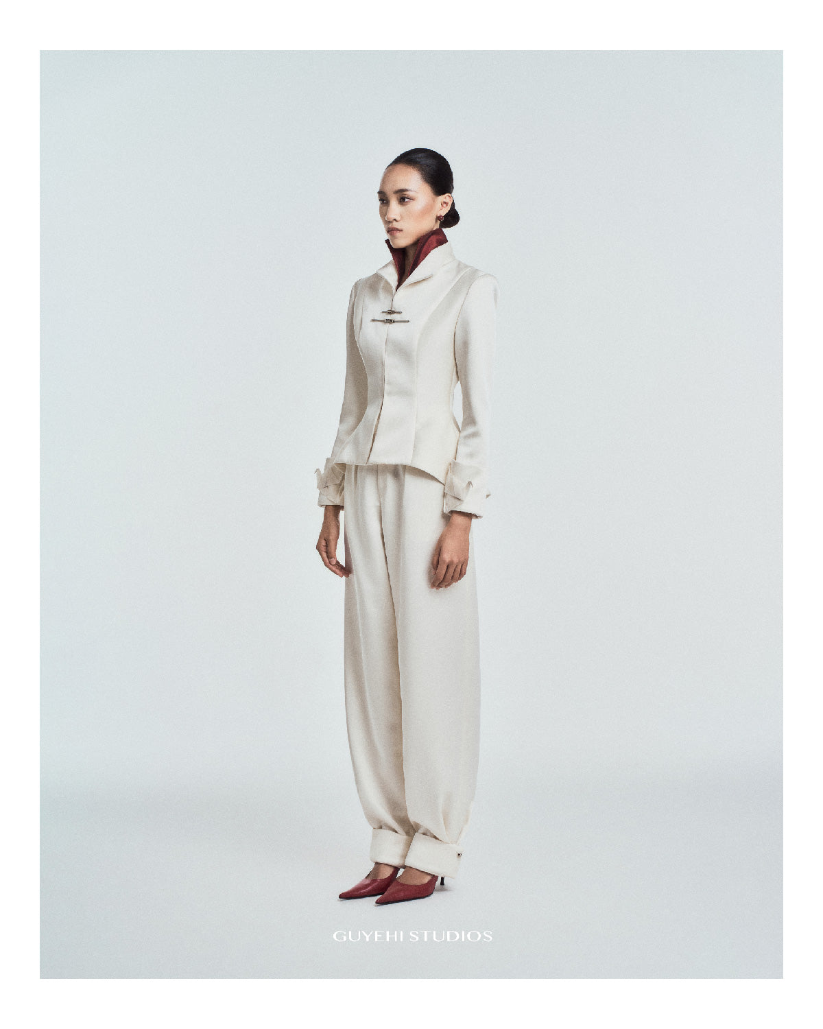 Mai Cuffed Wide-Leg Trousers in Satin Twill