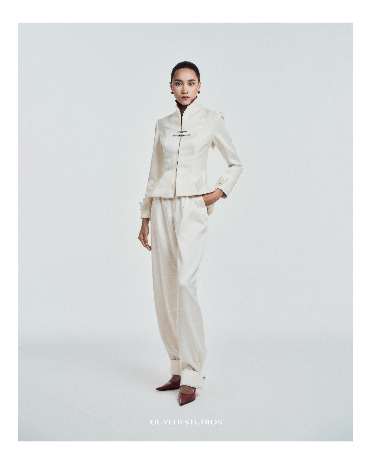Mai Mandarin Peplum Jacket in Satin Twill