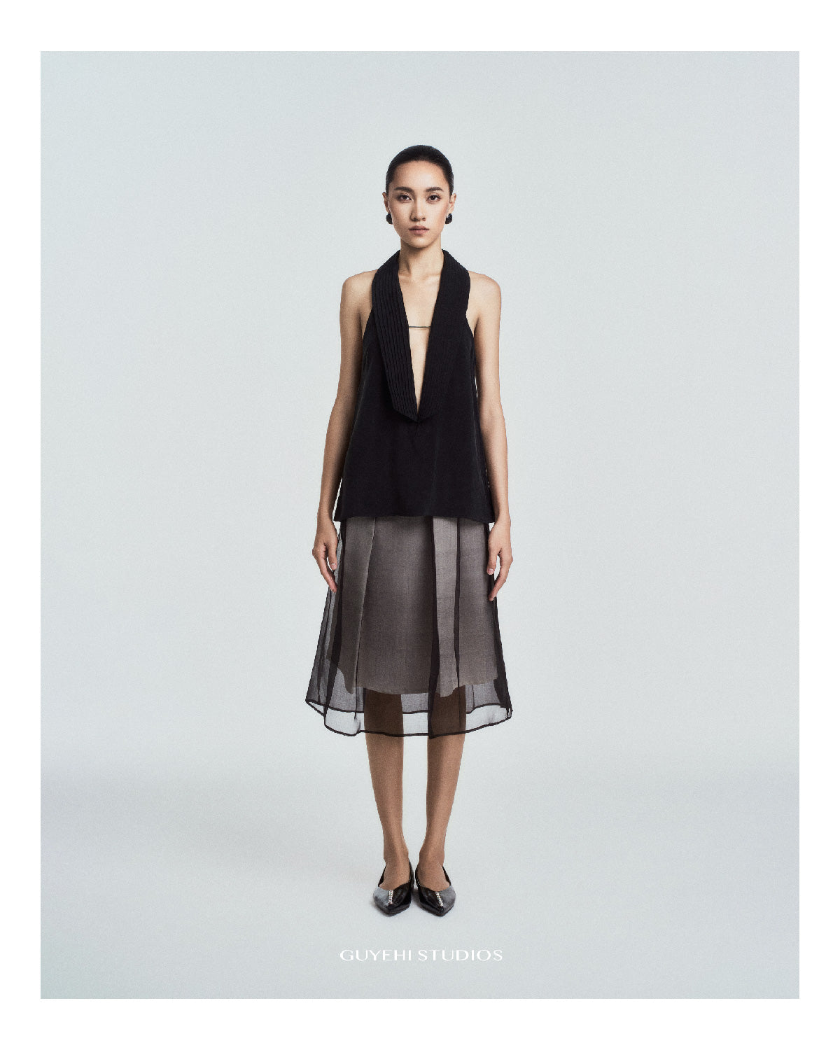 Lan Pleated Lapel Halter Top in Cupro