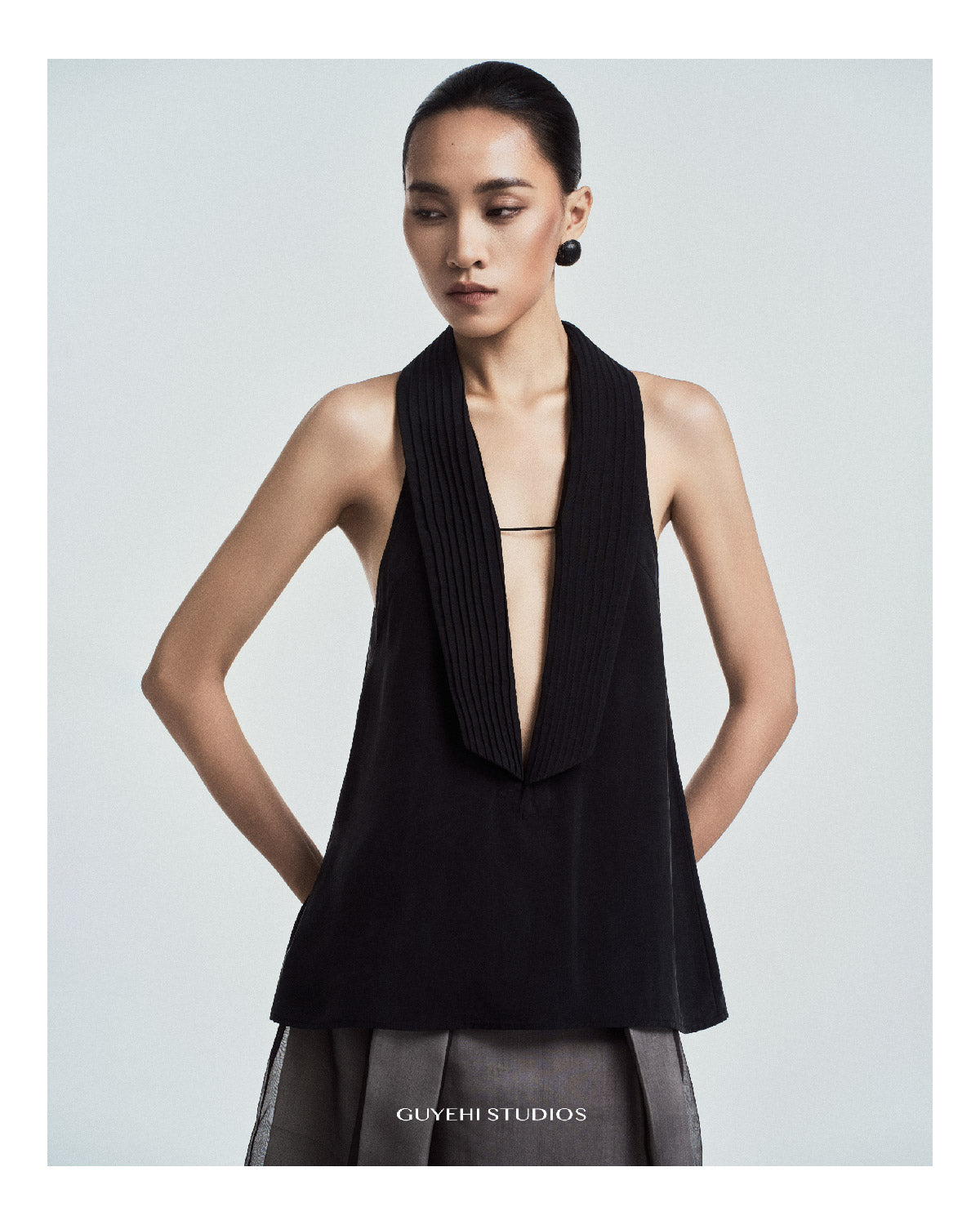Lan Pleated Lapel Halter Top in Cupro