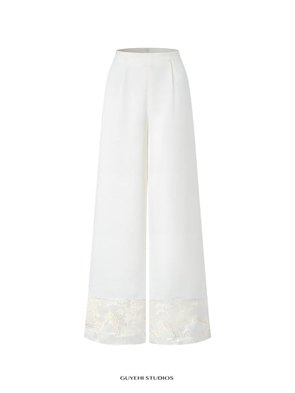 NAO IVORY WIDE-LEG EMBROIDERED PANTS