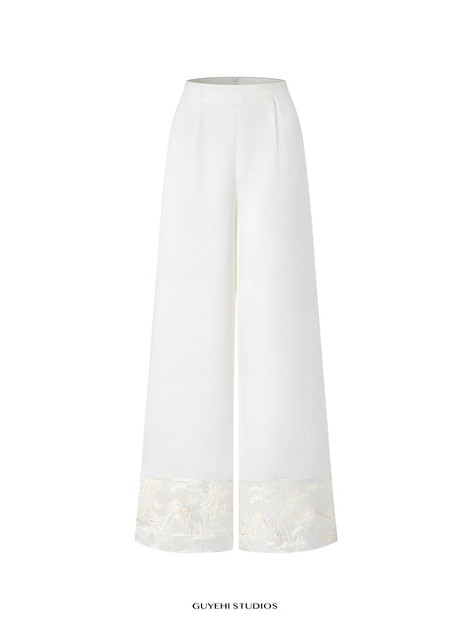 NAO IVORY WIDE-LEG EMBROIDERED PANTS