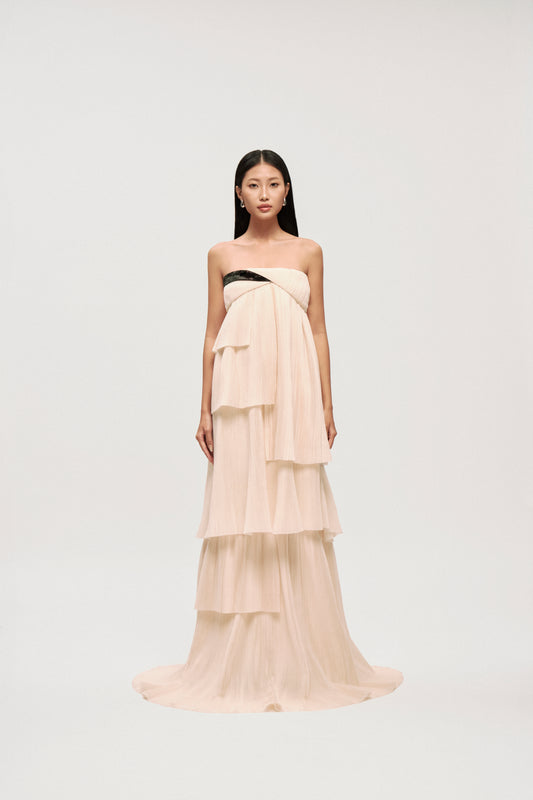 STRAPLESS IVORY CASCADE GOWN DRESS - Premium Line