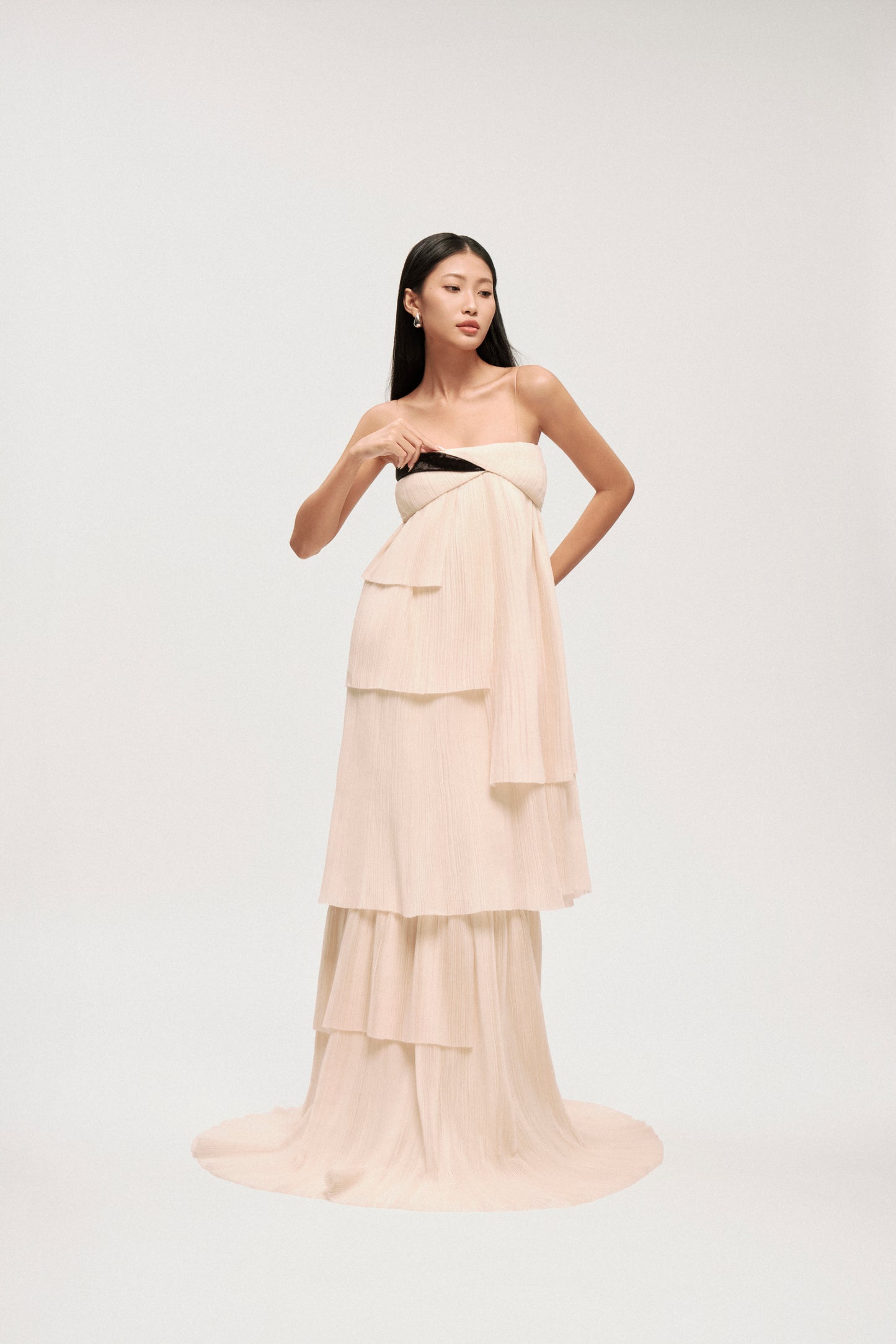 STRAPLESS IVORY CASCADE GOWN DRESS - Premium Line