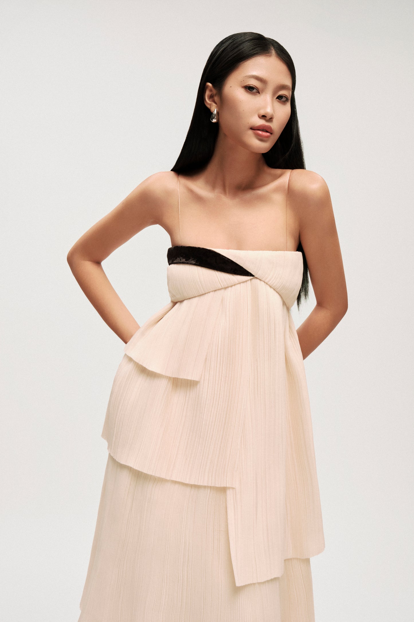 STRAPLESS IVORY CASCADE GOWN DRESS - Premium Line