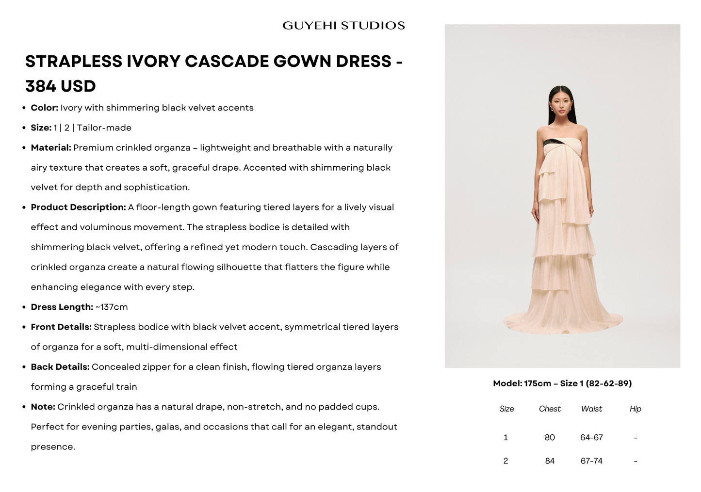 STRAPLESS IVORY CASCADE GOWN DRESS - Premium Line